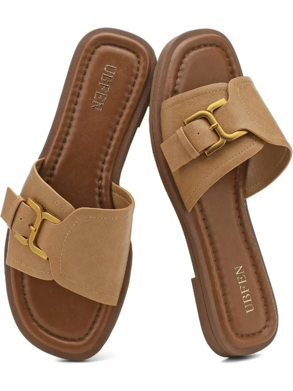 Women's Light Brown Square Toe Flat Sandals Slides Dressy Comfortable for Casual